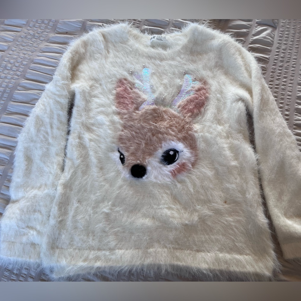 H&M Cream Fuzzy Deer Sweater